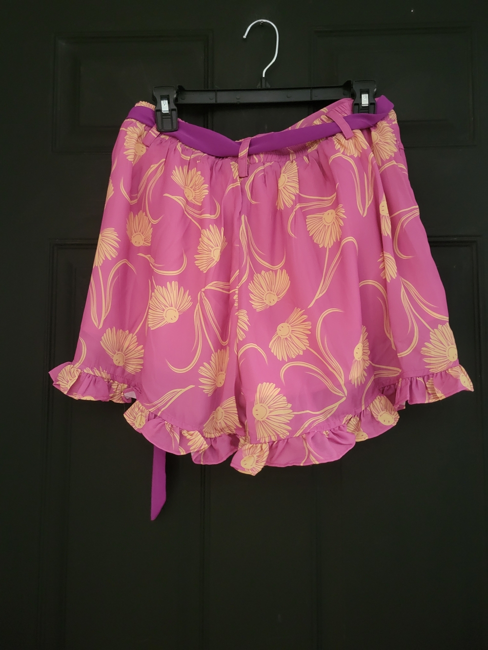 Unique Vintage Pink Floral High-Waist Ruffle Wrap Shorts with Purple Tie - Picture 3 of 5